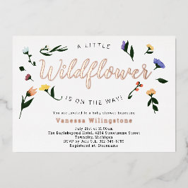 Invitación Con Relieve Metalizado Little Wildflower Rosa Gold Floral Baby Shower