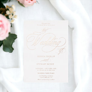 Invitación Con Relieve Metalizado Llamativa caligrafía para foto de boda en rosa oro