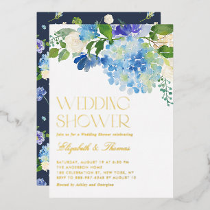 Invitación Con Relieve Metalizado Lluvia Azul Hortensia Floral Boda Regadera
