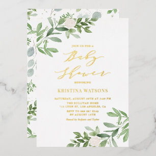 Invitación Con Relieve Metalizado Lluvia de bebé de flores blancas y vegetación en a