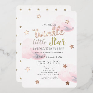 Invitación Con Relieve Metalizado Lluvia de Bebé Niña Twinkle Little Star Nubes Rosa
