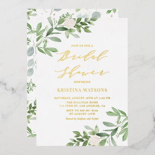 Invitación Con Relieve Metalizado Lluvia de boda con vegetación en acuarela y flores