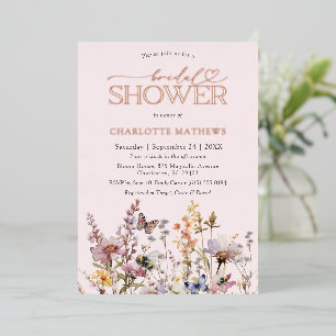 Invitación Con Relieve Metalizado Lluvia de boda de acuarela de flor silvestre rosa