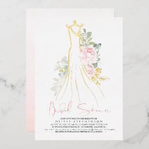 Invitación Con Relieve Metalizado Lluvia de Boda Elegante de Flores Rosadas y Verde 