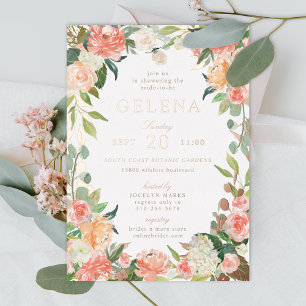 Invitación Con Relieve Metalizado Lluvia de Boda Floral Acuarela de Durazno Tono Ros