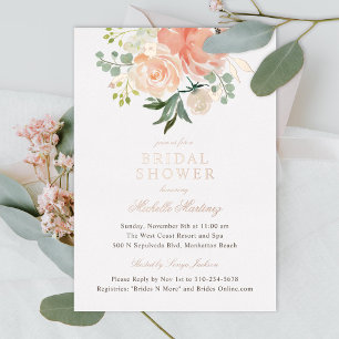 Invitación Con Relieve Metalizado Lluvia de Boda Floral Acuarela de Durazno Tono Ros