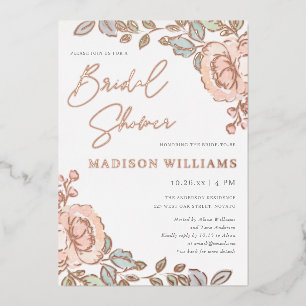 Invitación Con Relieve Metalizado Lluvia de Boda Floral Acuarela Rústica Bonita 