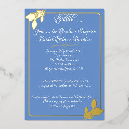 Invitación Con Relieve Metalizado Lluvia de Boda Floral, Azul Campestre, Dorado