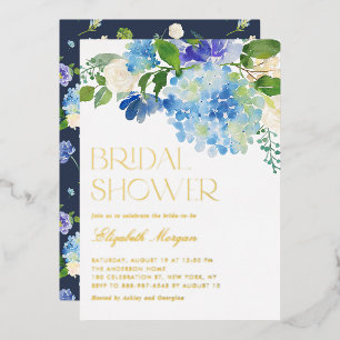 Invitación Con Relieve Metalizado Lluvia de boda floral de Hortensia azul acuarela