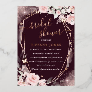 Invitación Con Relieve Metalizado Lluvia de Boda Floral Mariposa Rosa de Frambuesa