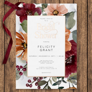 Invitación Con Relieve Metalizado Lluvia de Boda Floral Otoño Rústico y Burgundy