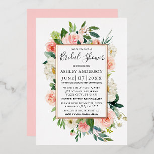Invitación Con Relieve Metalizado Lluvia de Boda Floral Rosa Acuarela Rosa Dorado