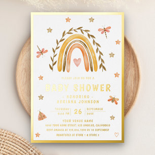 Invitación Con Relieve Metalizado Lluvia de colores acuarela rústica baby shower dor