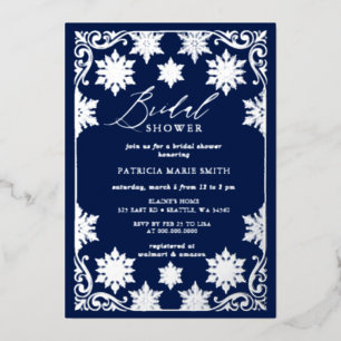 Invitación Con Relieve Metalizado Lluvia de Copos de Nieve Plateado Marino Bridal Sh