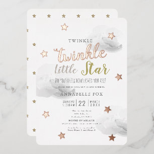 Invitación Con Relieve Metalizado Lluvia de Estrellas Nubes Grises Baby Shower