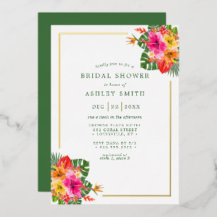Invitación Con Relieve Metalizado Lluvia de Novia de Flor de Hibisco Tropical Hojas