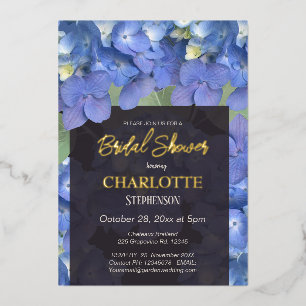 Invitación Con Relieve Metalizado Lluvia de Novia de Hortensias Azules Florales
