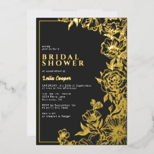 Invitación Con Relieve Metalizado Lluvia de Novia Ornata Negra y Dorada Elegante y M