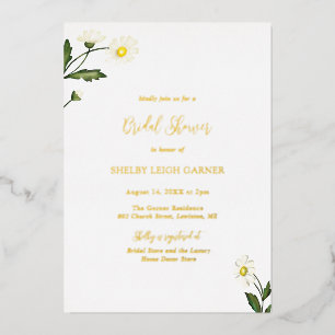 Invitación Con Relieve Metalizado Lluvia de Regalos Nupciales de Margaritas Blancas