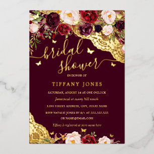 Invitación Con Relieve Metalizado Lluvia Nupcial de Encaje Mariposa Burgundy Floral