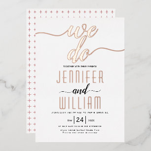 Invitación Con Relieve Metalizado "Lo hacemos" elegante escritura caligráfica boda o