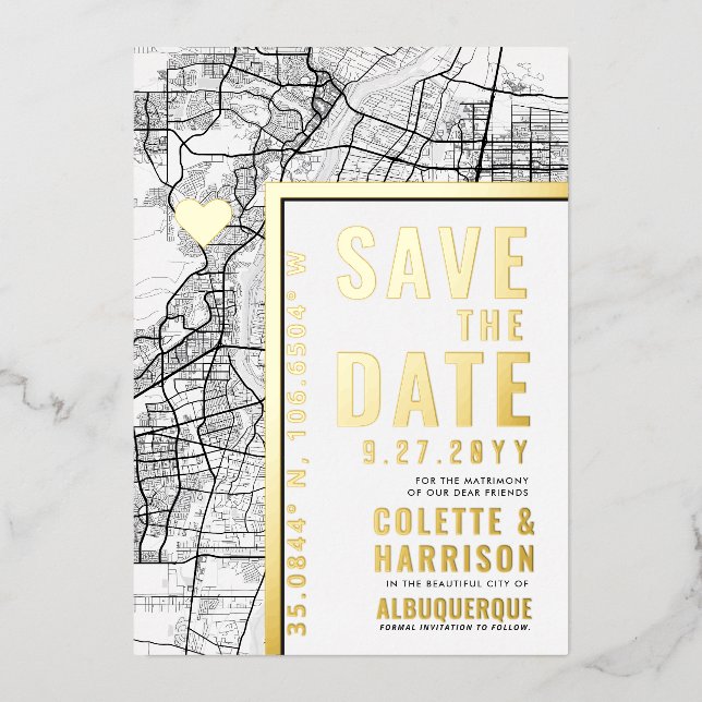Invitación Con Relieve Metalizado Localizador de amor de Albuquerque | Boda Guardar  (Anverso)