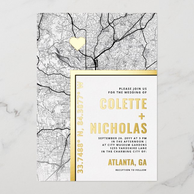 Invitación Con Relieve Metalizado Localizador de amor de Atlanta | Boda temático de  (Anverso)