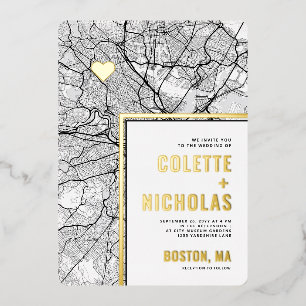 Invitación Con Relieve Metalizado Localizador de Amor de Boston   Mapa de la Ciudad 
