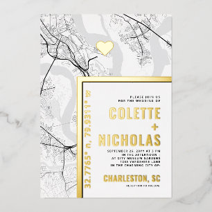 Invitación Con Relieve Metalizado Localizador de Amor de Charleston Boda con tema