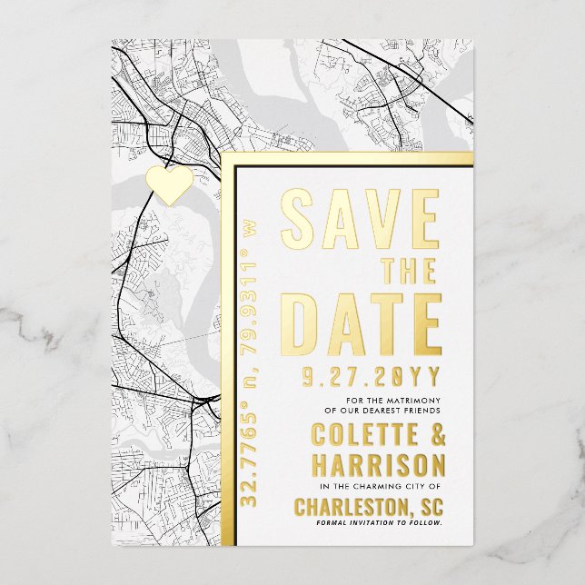Invitación Con Relieve Metalizado Localizador de amor de Charleston | Boda Guardar l (Anverso)