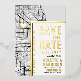Invitación Con Relieve Metalizado Localizador de amor de Chicago | Boda Guardar la f
