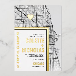 Invitación Con Relieve Metalizado Localizador de amor de Chicago | Boda temático de 