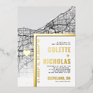 Invitación Con Relieve Metalizado Localizador de Amor de Cleveland   Boda con tema d