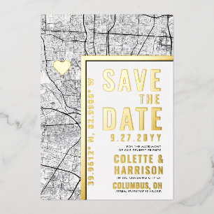 Invitación Con Relieve Metalizado Localizador de Amor de Columbus Ahorra la Fecha