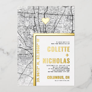 Invitación Con Relieve Metalizado Localizador de Amor de Columbus   Boda con Tema de
