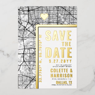 Invitación Con Relieve Metalizado Localizador de Amor de Dallas Boda - Guardar la