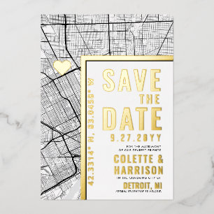 Invitación Con Relieve Metalizado Localizador de Amor de Detroit Ahorra la Fecha d
