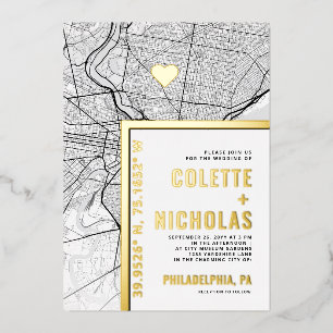 Invitación Con Relieve Metalizado Localizador de Amor de Filadelfia   Boda con tema 