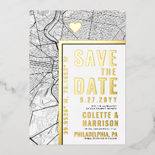 Invitación Con Relieve Metalizado Localizador de Amor de Filadelfia Boda - Guardar