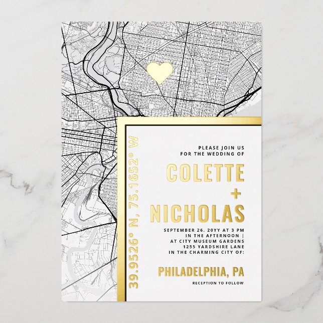 Invitación Con Relieve Metalizado Localizador de amor de Filadelfia | Boda temático  (Anverso)