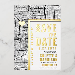 Invitación Con Relieve Metalizado Localizador de Amor de Houston Ahorra la Fecha d
