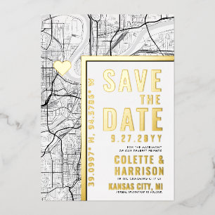 Invitación Con Relieve Metalizado Localizador de Amor de Kansas City Ahorra la Fec