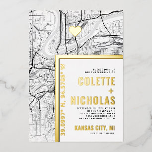 Invitación Con Relieve Metalizado Localizador de Amor de Kansas City   Boda con tema