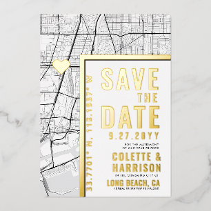Invitación Con Relieve Metalizado Localizador de amor de Long Beach Boda Guardar l