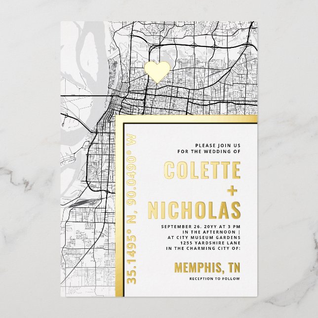 Invitación Con Relieve Metalizado Localizador de amor de Memphis | Boda temático de  (Anverso)