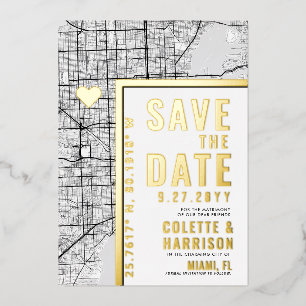 Invitación Con Relieve Metalizado Localizador de Amor de Miami   Ahorro de Boda la F