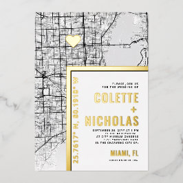 Invitación Con Relieve Metalizado Localizador de amor de Miami | Boda temático de la