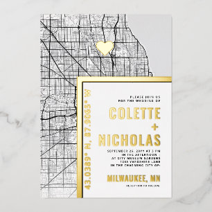 Invitación Con Relieve Metalizado Localizador de Amor de Milwaukee   Boda con tema d