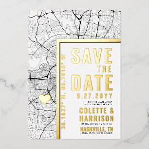 Invitación Con Relieve Metalizado Localizador de Amor de Nashville Ahorra la Fecha