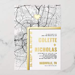 Invitación Con Relieve Metalizado Localizador de Amor de Nashville   Boda con tema d